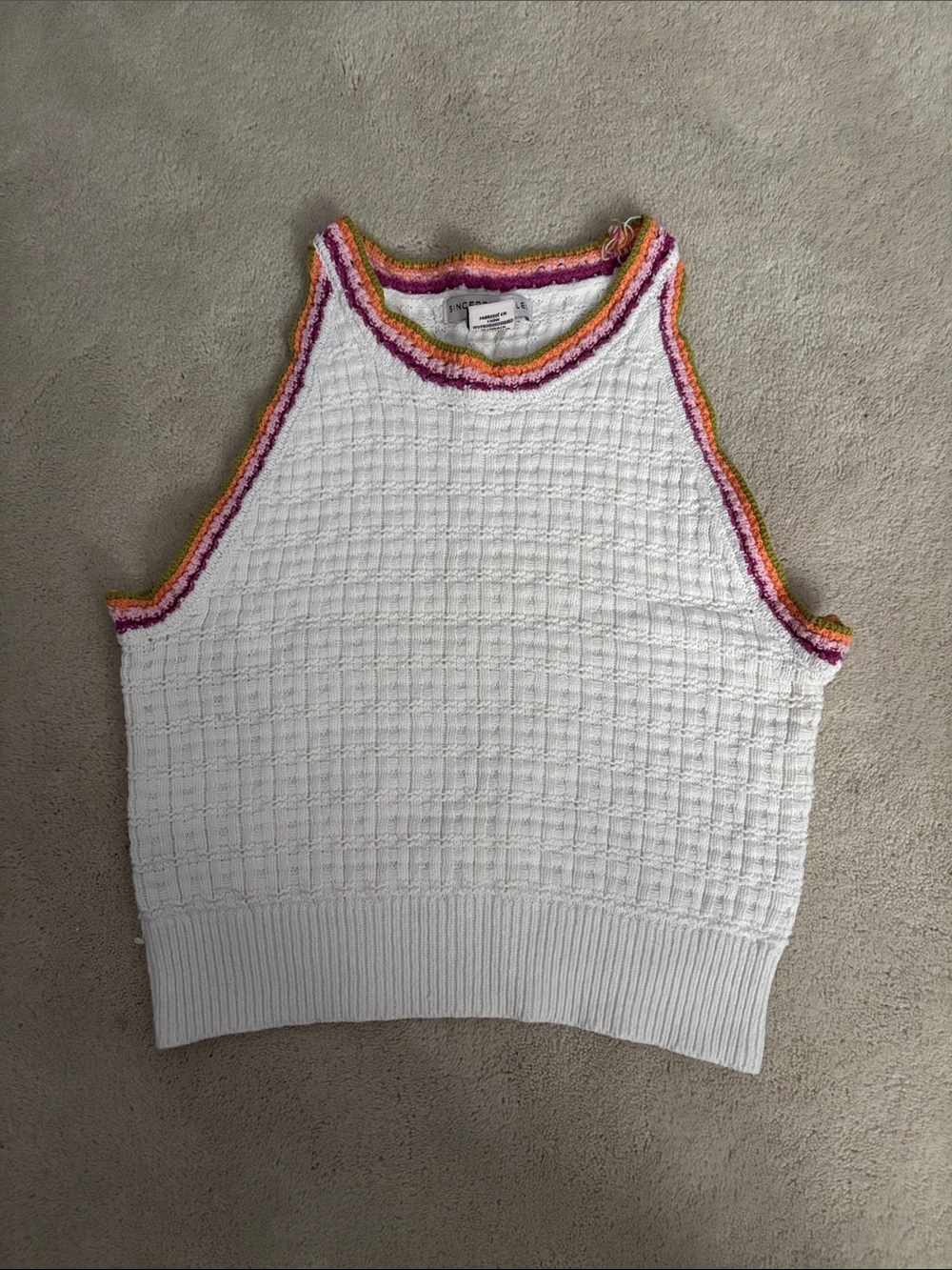 Sincerely Jules White Knit Tank with Pink Orange Yellow Green Trim
